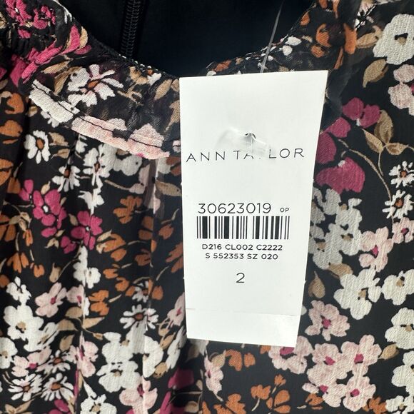 Ann Taylor Dress Womens 2 Black Pink Floral Smocked Neck Shift Chiffon Lined NEW - Picture 16 of 16